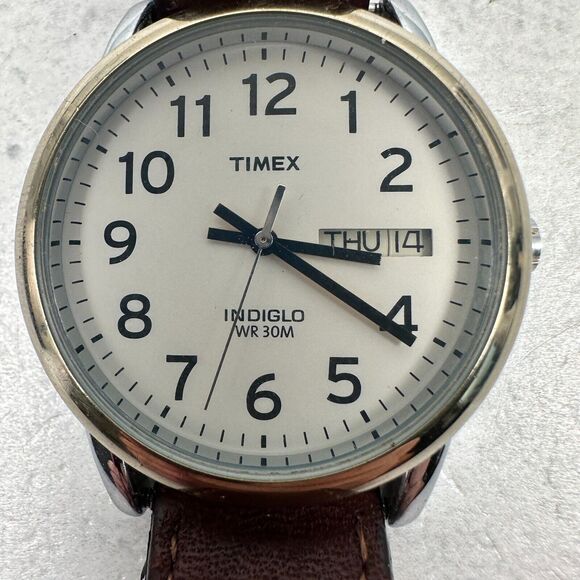 Timex Watch Mens 35mm Day Date Indiglo Two Tone Brown Band Quartz New Battery - Picture 4 of 13